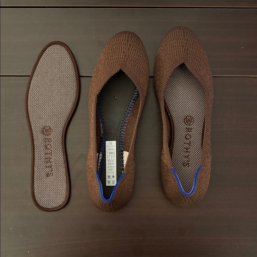 Almost NEW Rothy's Brown Flats with Blue Accents